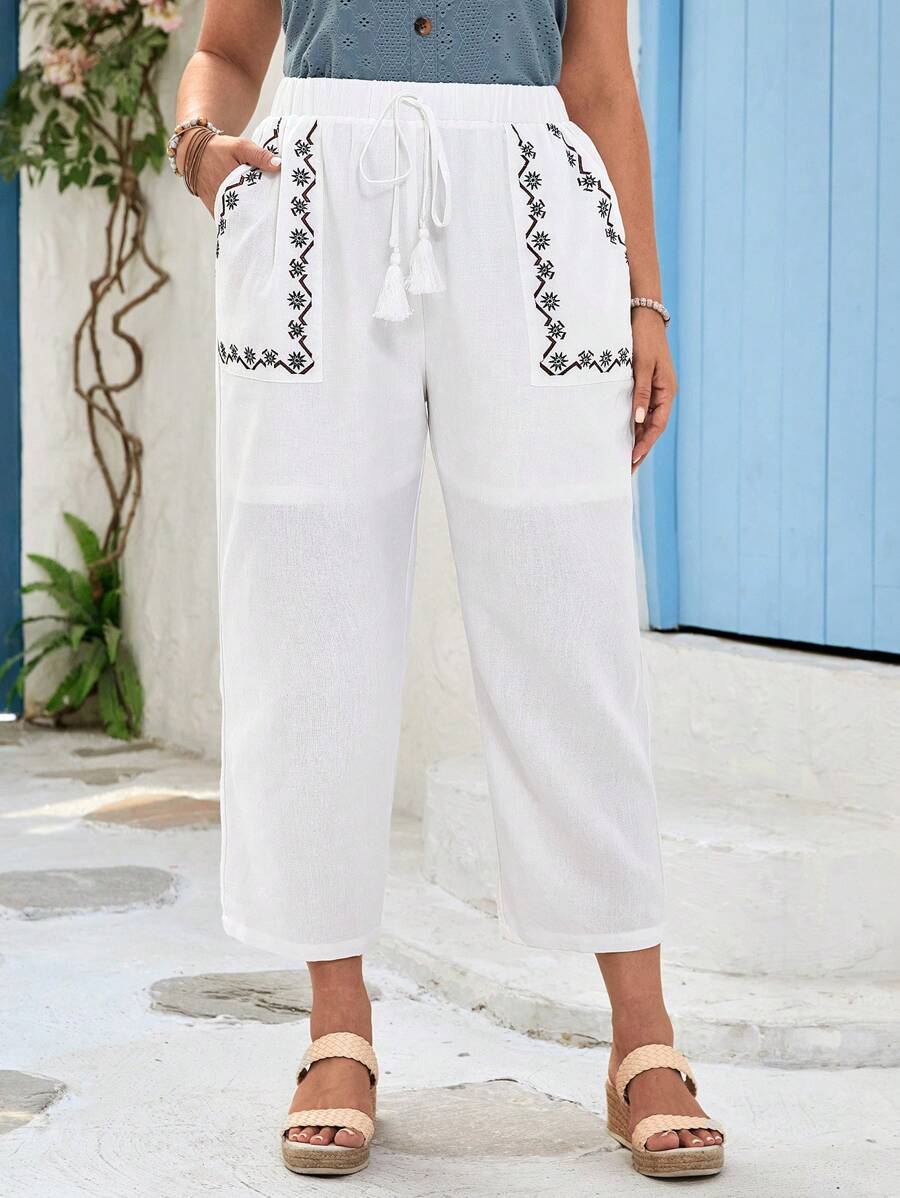 EMERY ROSE Hơn In hoa Tua Dây thắt lưng Quần - trắng - Xem 1