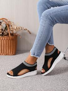 Sandal Sporty Hitam Untuk Wanita, Sandal Olahraga Cut Out Pola Garis-Garis - Hitam - View 3