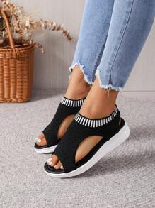 Sandal Sporty Hitam Untuk Wanita, Sandal Olahraga Cut Out Pola Garis-Garis - Hitam - View 6