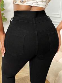 SHEIN SXY Quần Denim kích thước lớn Túi Dây kéo Nút phía trước màu trơn - màu đen - Xem 3