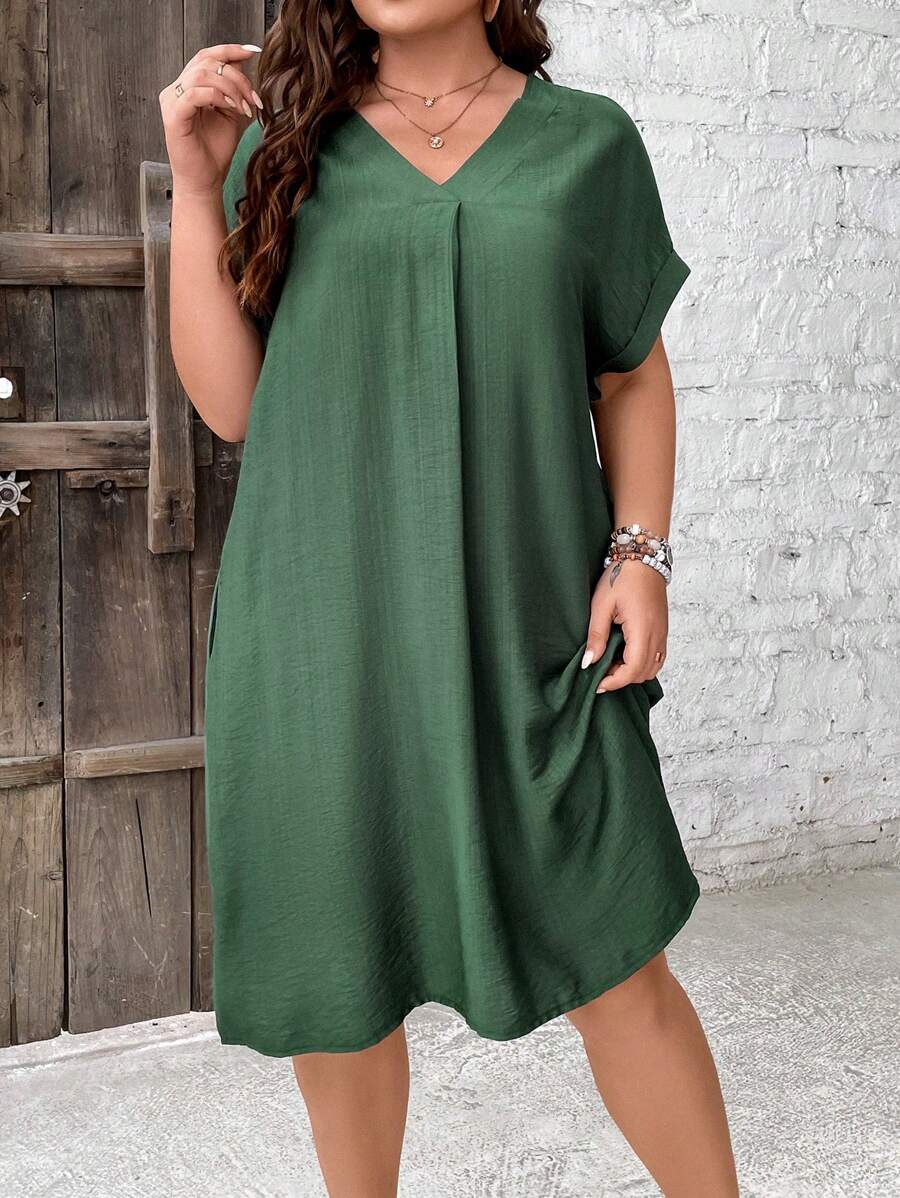 SHEIN CURVE+ Plus Size Nữ Màu Trơn Cổ V Tay Cánh Dơi - màu xanh lá - Xem 1