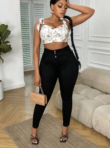 SHEIN SXY Quần Denim kích thước lớn Túi Dây kéo Nút phía trước màu trơn - màu đen - Xem 6