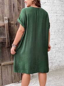 SHEIN Frenchy 大碼素色蝙蝠袖直筒連衣裙 - 綠色 - 查看 3