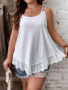 SHEIN Frenchy Plus Eyelet Embroidery Ruffle Hem Cami Top - White - View 2