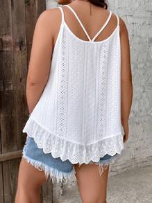 SHEIN Frenchy Plus Eyelet Embroidery Ruffle Hem Cami Top - White - View 3