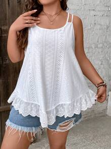 SHEIN Frenchy Plus Eyelet Embroidery Ruffle Hem Cami Top - White - View 5