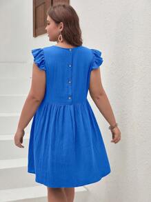SHEIN Frenchy 大碼可愛鈕扣 揉皺純色連衣裙 - 寶藍色 - 查看 1