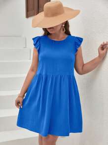 SHEIN Frenchy 大碼可愛鈕扣 揉皺純色連衣裙 - 寶藍色 - 查看 3