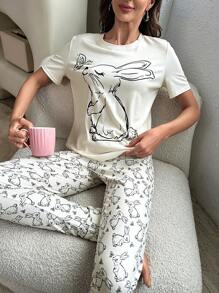 Rabbit Print Tee & Trousers PJ Set - Beige - View 3