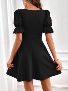 SHEIN Privé Summer Square Neck Puff Sleeve Black Dress