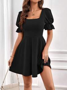 SHEIN Privé Summer Square Neck Puff Sleeve Black Dress