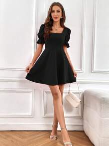 SHEIN Privé Summer Square Neck Puff Sleeve Black Dress