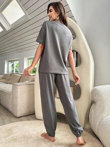Letter Graphic Drop Shoulder Tee & Drawstring Waist Trousers Lounge Set - Grey - View 2
