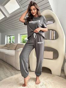 Letter Graphic Drop Shoulder Tee & Drawstring Waist Trousers Lounge Set - Grey - View 4
