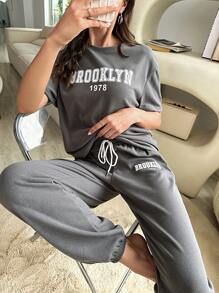 Letter Graphic Drop Shoulder Tee & Drawstring Waist Trousers Lounge Set - Grey - View 6