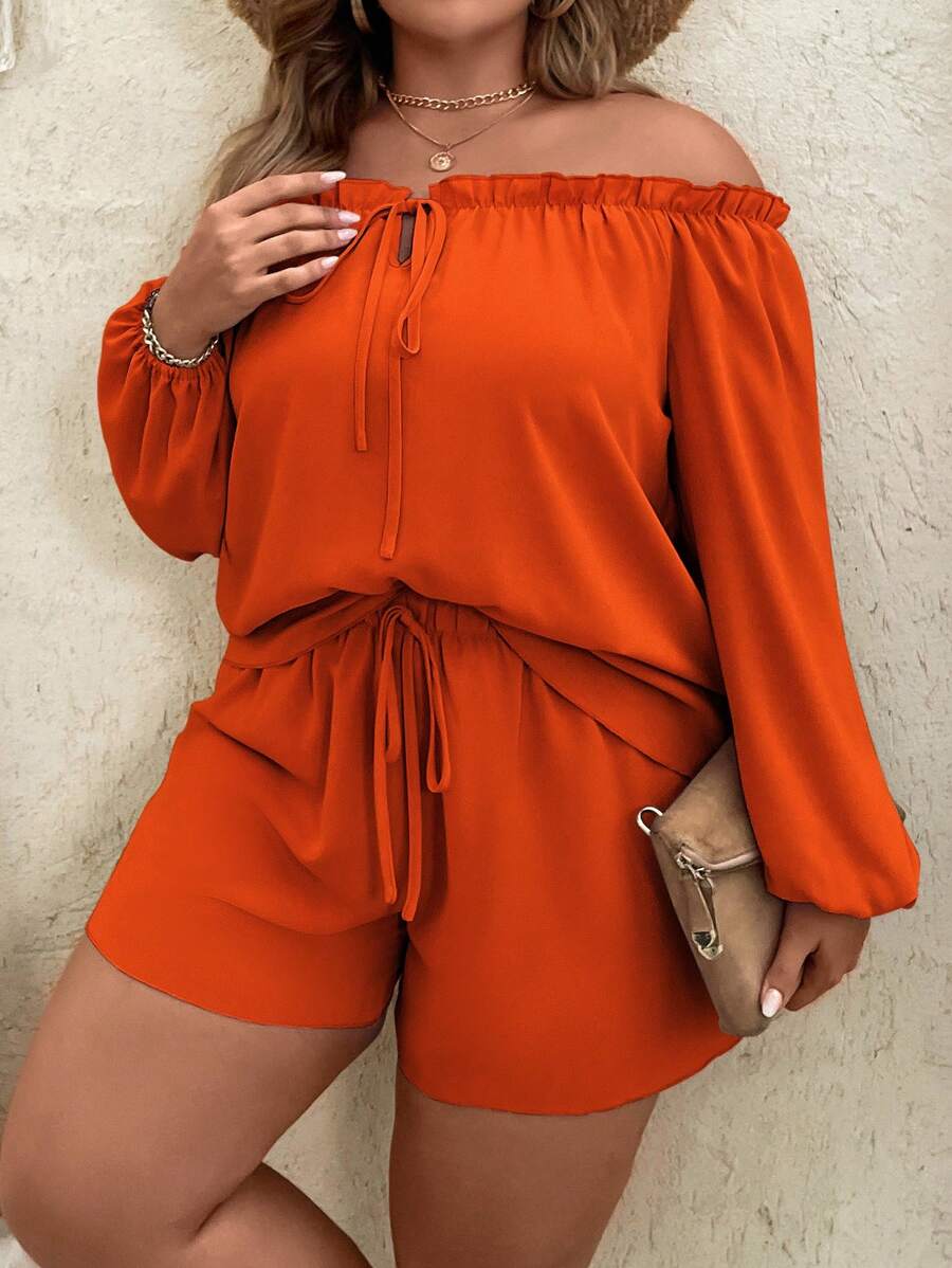 SHEIN Holidaya 大碼一字肩褶邊燈籠袖上衣和前繫帶短褲 - 亮橙色 - 查看 1