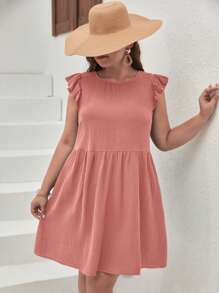 SHEIN Frenchy 大碼可愛鈕扣 揉皺純色連衣裙 - 珊瑚粉 - 查看 3