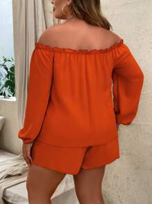 SHEIN Holidaya 大碼一字肩褶邊燈籠袖上衣和前繫帶短褲 - 亮橙色 - 查看 2