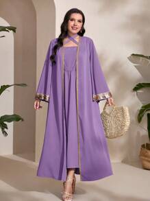 Modelyn Plus Contrast Sequin Open Front Coat & Dress - Purple - View 1