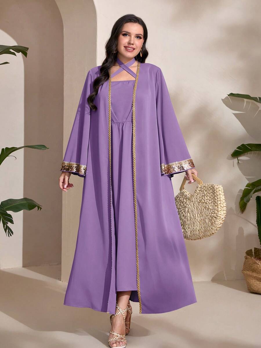 Modelyn Plus Contrast Sequin Open Front Coat & Dress - Purple - View 1