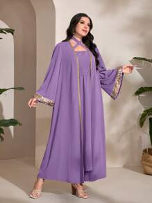 Modelyn Plus Contrast Sequin Open Front Coat & Dress - Purple - View 5