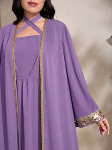 Modelyn Plus Contrast Sequin Open Front Coat & Dress - Purple - View 6