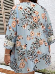 SHEIN LUNE Plus Floral Print Contrast Lace Kimono - Multicolor - View 2