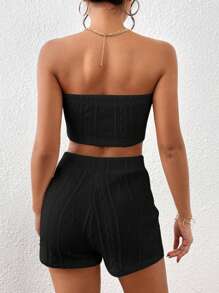 SHEIN Essnce 素色抹胸上衣和短褲 - 黑色 - 查看 2