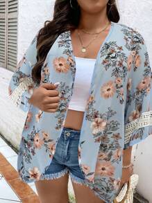 SHEIN LUNE Plus Floral Print Contrast Lace Kimono - Multicolor - View 3
