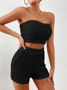 SHEIN Essnce 素色抹胸上衣和短褲 - 黑色 - 查看 6