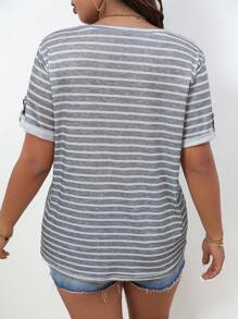 SHEIN LUNE Áo thun Plus size Sọc Giải trí - Màu Xám nhạt - Xem 2