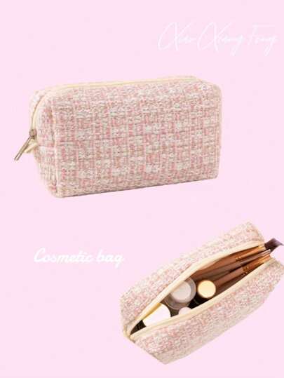 1个粉色格子化妆包，大容量涤纶面料，带拉链，八角形开口，适合收纳口红、硬币、文具等，多功能居家必备，女士化妆旅行洗漱包收纳必备品，拉链配件，美甲，化妆包，化妆包，化妆袋，包，梳妆台，化妆袋，小化妆包，化妆袋，圣诞礼物，小袋子，礼品袋/小手提包，化妆品收纳包，迷你袋，大容量袋，圣诞礼物，女士礼物创意