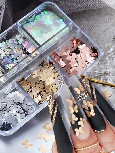 1 علبة من الترتر بشكل فراشة لتزيين الأظافر، إكسسوارات وإمدادات الأظافر