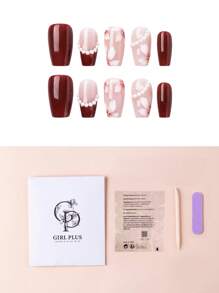 用10入组短棺材人造珍珠裝飾全覆蓋假指甲套裝瞬間提升您裝扮 - 酒紅色 - 查看 2