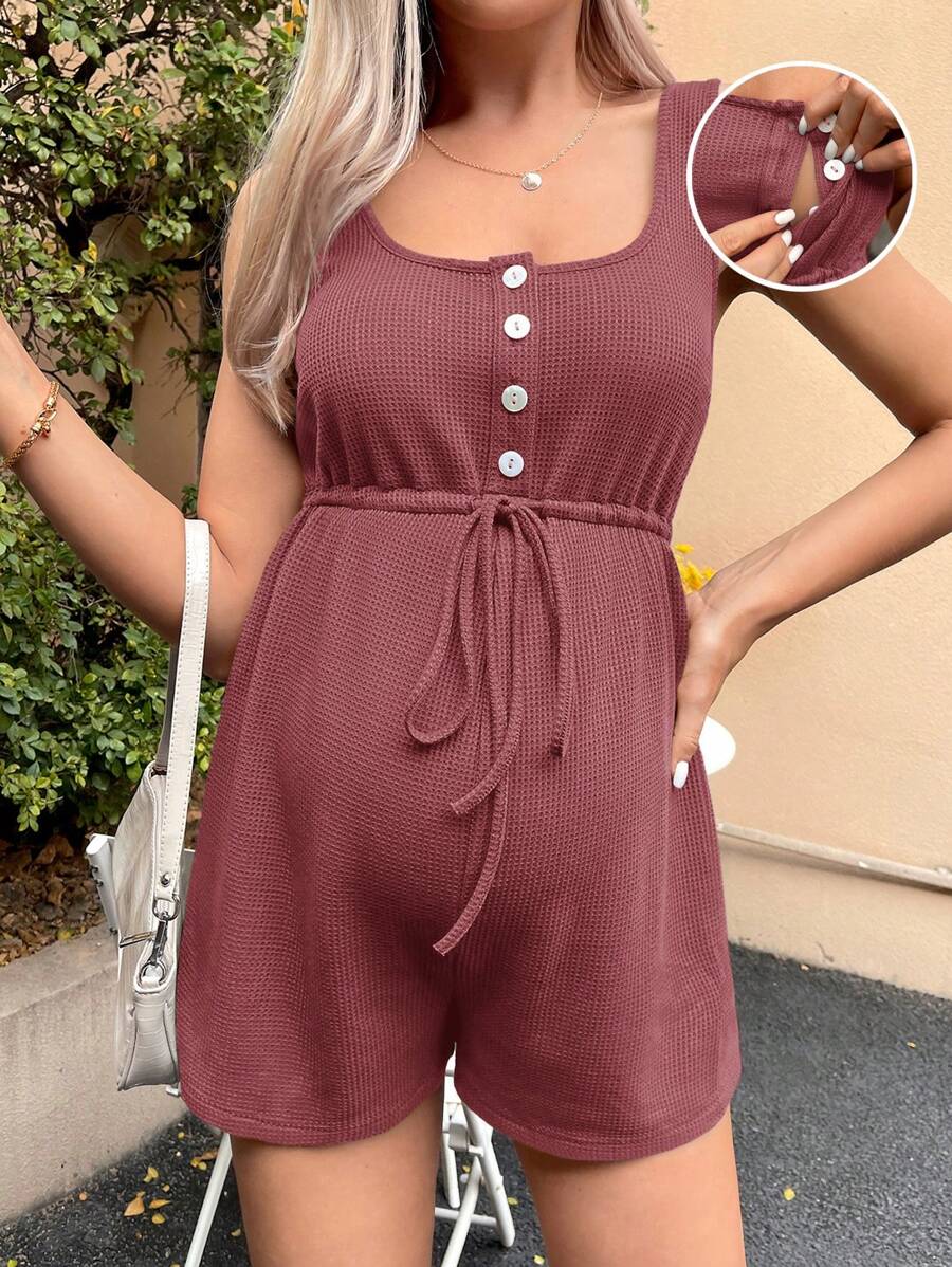 SHEIN 孕婦哺乳腰部抽繩前紐扣華夫格編織背心連體短褲