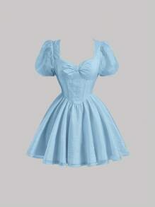 SHEIN MOD Vestido escote corazón de manga farol - Celeste - Ver 1