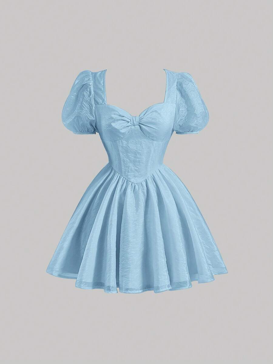 SHEIN MOD Vestido escote corazón de manga farol - Celeste - Ver 1