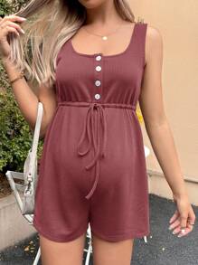 SHEIN 孕婦哺乳腰部抽繩前紐扣華夫格編織背心連體短褲