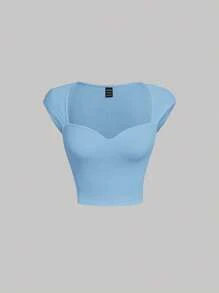 SHEIN MOD Sweetheart Neck Rib-knit Tee - Baby Blue - View 1