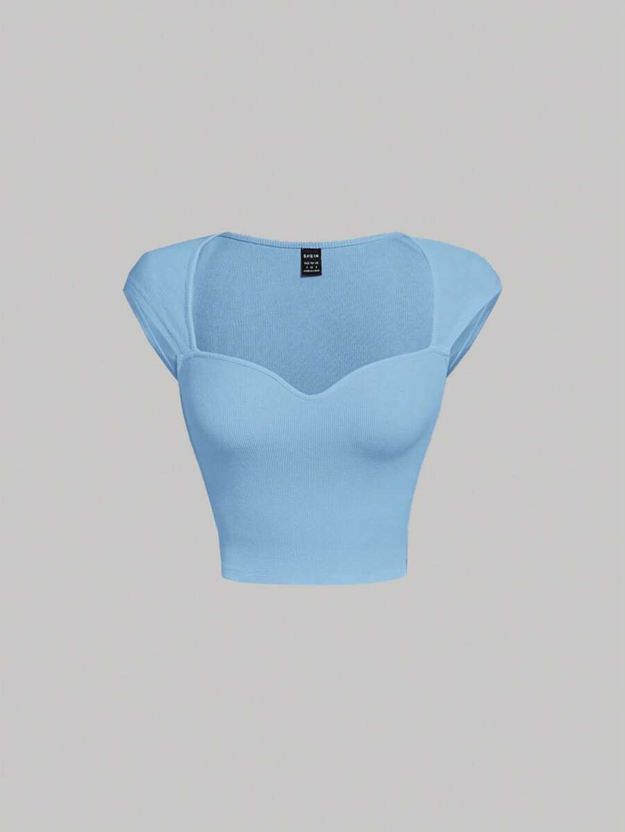 SHEIN MOD Sweetheart Neck Rib-knit Tee - Baby Blue - View 1