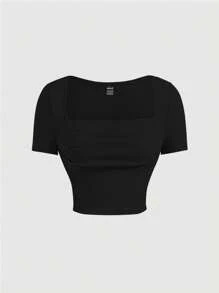 SHEIN MOD Áo thun nữ Xù Gân đan màu trơn Giải trí - màu đen - Xem 1