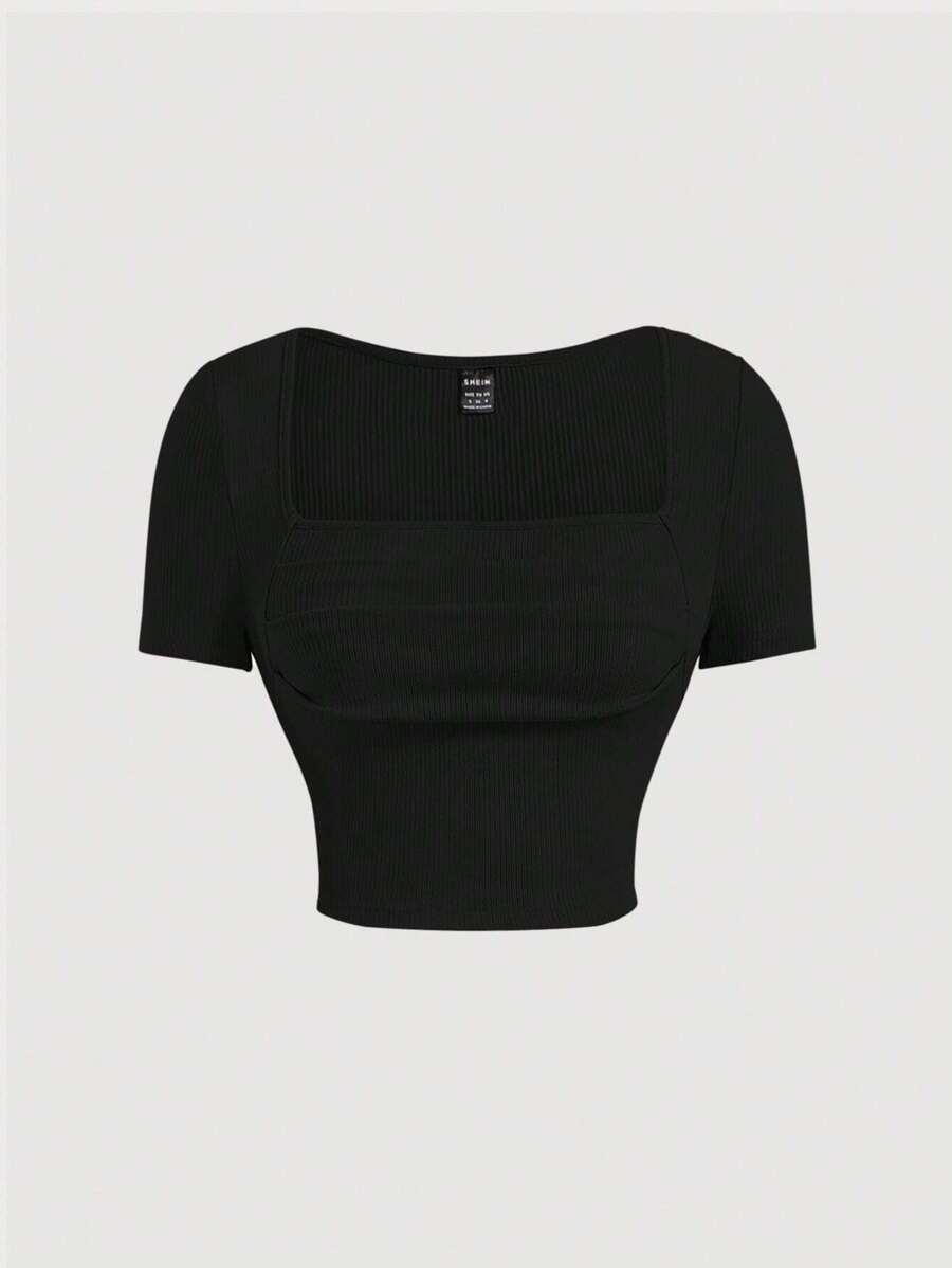 SHEIN MOD Áo thun nữ Xù Gân đan màu trơn Giải trí - màu đen - Xem 1