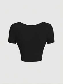 SHEIN MOD Áo thun nữ Xù Gân đan màu trơn Giải trí - màu đen - Xem 2