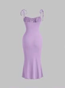 SHEIN MOD Tie Front Ruched Bust Knot Shoulder Cami Dress,Pastel Dresses For Women - Lilac Purple - View 2