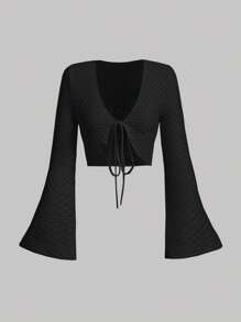 SHEIN MOD Tie Front Trumpet Sleeve Crop Top - Black - View 1