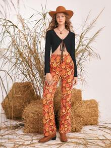 SHEIN MOD Tie Front Trumpet Sleeve Crop Top - Black - View 3