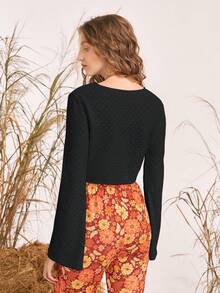 SHEIN MOD Tie Front Trumpet Sleeve Crop Top - Black - View 6