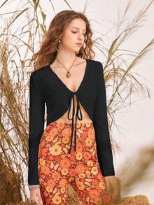 SHEIN MOD Tie Front Trumpet Sleeve Crop Top - Black - View 7