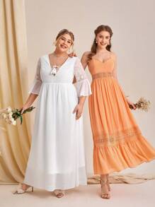 SHEIN Belle 1入組水溶蕾絲拼接荷葉邊伴娘連衣裙 - 珊瑚橙 - 查看 5