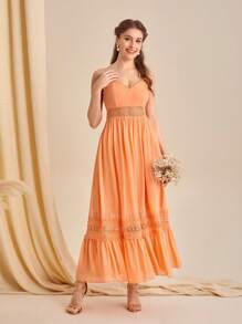 SHEIN Belle 1入組水溶蕾絲拼接荷葉邊伴娘連衣裙 - 珊瑚橙 - 查看 3